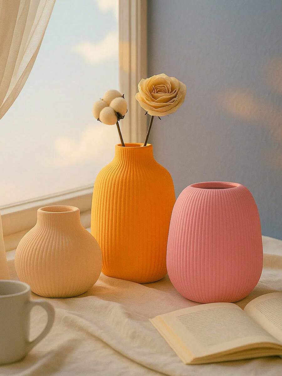 1pc Colorful Ribbed Decorative Vase - Minimalist Sculptural Home Decor, Suitable For Autumn Tabletop, Dorm, Back To School, Halloween And Thanksgiving Decoration - Multicolor - View 1