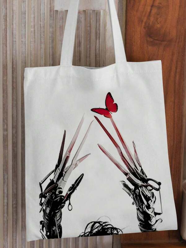 1 pieza, Bolsa de lona con impresión del póster de la película de Halloween "Edward Tijeras de Manos", bolsa de almacenamiento portátil para amantes del cine, diseño de estilo universitario oscuro, bolsa duradera, bolsa de la compra, adecuada para el hogar, compras, viajes, escuela, regalos de 16 in * 14 in, bolsas de Halloween perfectas para fiestas de disfraces