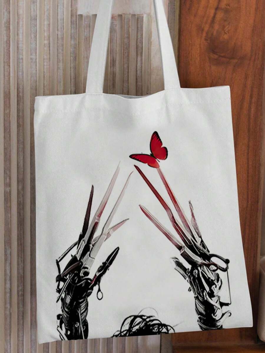 1 pieza, Bolsa de lona con impresión del póster de la película de Halloween "Edward Tijeras de Manos", bolsa de almacenamiento portátil para amantes del cine, diseño de estilo universitario oscuro, bolsa duradera, bolsa de la compra, adecuada para el hogar, compras, viajes, escuela, regalos de 16 in * 14 in, bolsas de Halloween perfectas para fiestas de disfraces