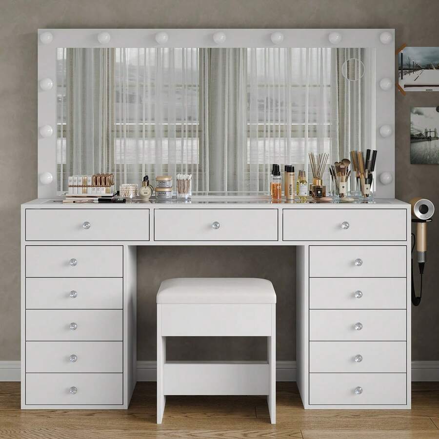 FUSOU 13 Drawers Vanity Desk, Makeup Vanity With Power Outlet, Vanity Table With Mirror And 13 LED Bulbs, 3 Color Lighting Modes, Glass Top, Dressing Table For Bedroom
