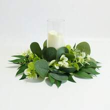 1 pieza Corona artificial de eucalipto, corona de planta verde realista para fiestas, adecuada para Navidad, boda, hogar, mesa, gabinete, decoración de puerta, Día de San Valentín, Acción de Gracias, Pascua, Día de la Madre, Navidad, cumpleaños, aniversario, fiesta de graduación, corona de hojas de eucalipto artificial de alta gama para hotel, cafetería, restaurante (vela no incluida) Decoración del hogar Decoraciones navideñas Decoración de habitación - Verde y blanco - Ver 5