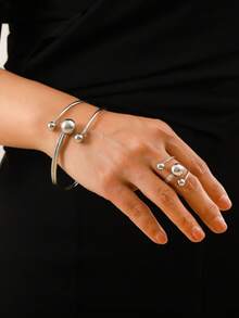 2pcs Bohemian Style Bracelet & Ring Set - Vintage Minimalist Round Bead Open Design Layered Bangle And Ring, Elegant Accessories For Beach Party, Holiday Gift - Multicolor - View 2