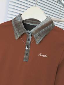 女士二合一格子拼接 Polo 领长袖拉绒修身打底衬衫