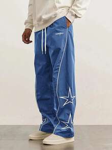 男士宽松直筒休闲裤，星星字母印花，百搭学院风，适合所有季节 - 寶藍色 - 查看 4