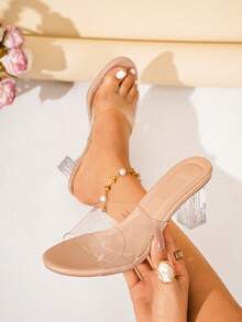 Transparent Wedge High Heel Slide Sandals, Fashion Casual Slip-On Peep Toe Sandals For Teenagers - Apricot - View 1