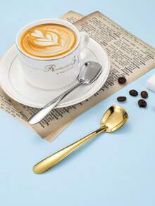 4pcs Stainless Steel Angled Handle Flat Spoon, Korean Style Ingot Shaped Dessert Spoons, Household Use - Multicolor - View 5