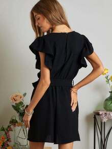 Womens Casual Summer Romper Chic Ruffle Sleeve V Neck Playsuit Black Loose Fit Short Length Elastic Waist Tie Belt Breathable Lightweight All Day Comfort Beach Party Dating Wear - 黑色 - 查看 3
