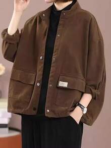 Women Casual Jacket Long Sleeve Stand Neck Button Closure Solid Fall Jacket Outwear - Rust Brown - View 3