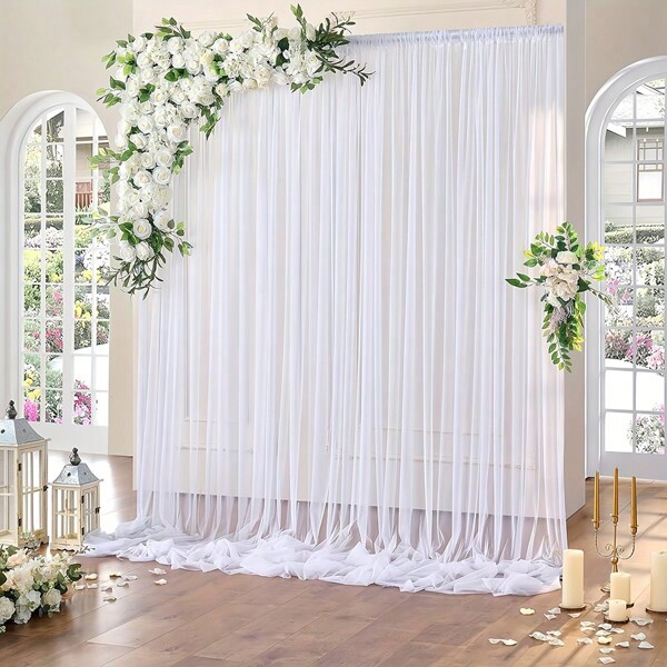2pcs Reusable White Party Background Cloth, Birthday Party Decorations Backdrop, Home Decor Curtains, Wedding Decorations, Baby Shower Backdrop, Suitable For Metal Arch And Balloons, Timeless Mesh Fabric