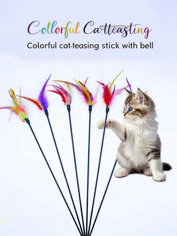 1 peça/5 peças/10 peças de brinquedo para gatos, vara longa para provocar gatos, vara de penas coloridas, sino para animais de estimação