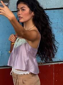 Womens Summer Tie Front Crop Tops Cute Ruffle Ruched Spaghetti Strap Tank Tops Y2K Going Out Shirts - 紫色 - 查看 6