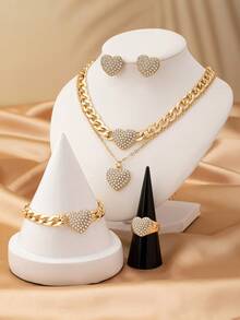 6pcs/Set Elegant Metal Gold Heart Rhinestone Pendant Necklace, Bracelet, Ring, Earrings Jewelry Set For Women, Versatile For Daily Wear & Festivals - Yellow Gold - View 2