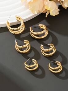 Bộ 3 đôi khuyên tai kim loại hình chữ C tối giản, nhỏ/trung bình/lớn, quà tặng phong cách cho cô ấy - Vàng - Xem 4