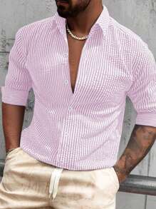 Camicia casual da uomo in tessuto goffrato a righe, morbida e confortevole, adatta per uso domestico o pendolare, versatile, elegante stile da uomo