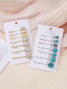 7 件套西式绿松石发饰套装发饰爱心水滴花形发夹单夹，学校用品 - 彩色 - 查看 1