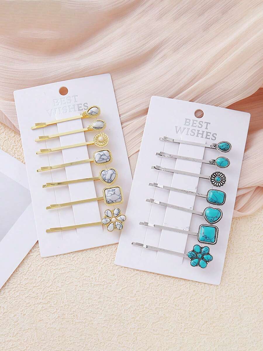 7 件套西式绿松石发饰套装发饰爱心水滴花形发夹单夹，学校用品 - 彩色 - 查看 1