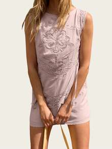 Lace Hollow Out Dress For Women Summer Fashionable Round Neck Loose Sleeveless Casual Mini Dress Streetwear - 粉色 - 查看 1