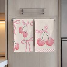 2 件浪漫粉色格子蝴蝶结和樱桃图案厨房巾，15.75 * 23.62 英寸（40 * 60 厘米）超柔软吸水超细纤维洗碗巾、手巾、洗碗布、家居装饰、厨房装饰、烹饪烘焙茶巾、清洁用品，适用于餐厅、厨房、节日装饰和礼品，所有季节