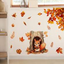 秋季松鼠和秋叶墙贴 - 自粘式秋收装饰，暖色调，适用于客厅、卧室、走廊 - 耐用塑料季节性家居装饰、秋季家居装饰、节日房间装饰、秋季主题艺术品、易粘贴贴纸、舒适的秋季主题、高品质 PVC、DIY 爱好者 - 彩色 - 查看 4