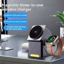 Cargador inalámbrico multifuncional oculto 3 en 1, cargador inalámbrico plegable giratorio eléctrico táctil de 15W, cargador inalámbrico portátil compatible con Apple, Watch y