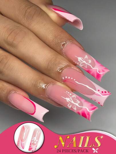 24 PIEZAS de uñas postizas con forma de ataúd de color rosa con puntas francesas, con estampados de mariposas y remolinos blancos, diseño de mármol degradado, acabado brillante para mujeres, uso diario, fiestas y festivales. Fácil de aplicar, duradero con pegamento de gelatina y lima de uñas