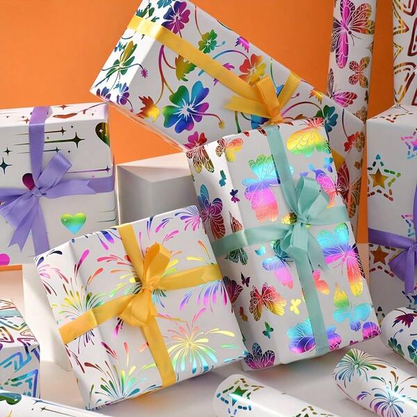 6pcs Multicolor Holographic Butterfly & Heart Wrapping Paper, Suitable For Birthday Gifts, Holiday Gift Packaging