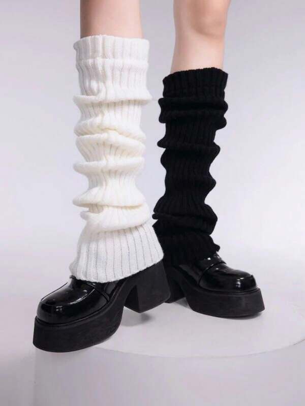 1 Pair Women's Solid Vertical Stripe Warm Decorative Cute Leg Warmers, Suitable For Spring, Autumn, Winter
