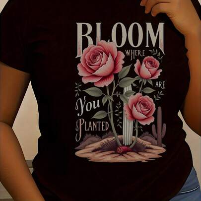 Black Floral Cactus T Shirt 100 Womens Tee With Bloom   Planted Quote Casual Short Sleeve Round Neck Summer TopPrint Funny T-Shirt Ladies Summer Short-Sleeved Street Spring Women's Clothing Dress Comfortable Ladies Casual