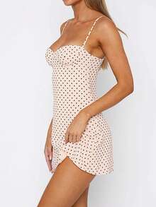 Women's Dots Print Mini Dress Sleeveless Spaghetti Strap A-Line Dress Summer Casual Dress - 飯白色 - 查看 4