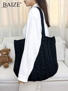 ENBEI Women's Large Capacity Hollow Handbag, Hollow Tote Bag, Shoulder Bag, Beach Wallet, Perfect For Summer, Vacation And Daily Use, Travel Essentials, Holiday Essentials,Mother's Day Gift, Wallet Essentials, Teacher Gift, School Supplies, Beach Tote Bag Beige With Pockets - Black - View 3