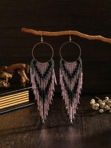 Brincos Artesanais Boho de Contas, Estilo Vintage Padrão Geométrico Degrade, Pingentes com Borla, Versáteis para Uso Diário/Férias de Mulheres, Presente Perfeito para Ela