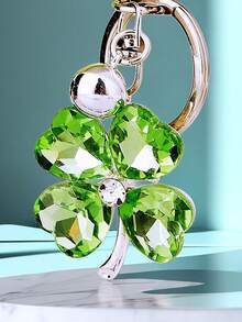 1pc Crystal Four-Leaf Clover Flower Metal Keychain With Rhinestone Decor, Cute Car Keyring Or Purse Charm Business Gift - Multicolor - View 8