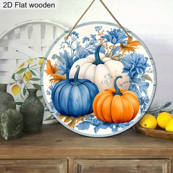 2D Flat, 1pc Charming Blue Colorful Flowers Pumpkin Pattern Wooden Sign Ornament Autumn Thanksgiving Hanging Decoration Ornament Festival Decoration Plaque Hanging Door Decoration Wall Decoration Home Decoration Holiday Gifts Thanksgiving Gifts