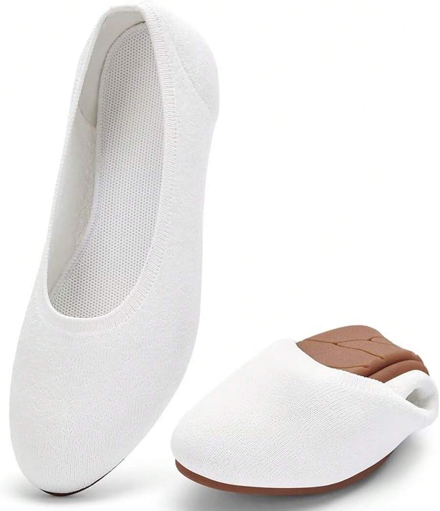 Poemlady Women's Ballet Flat Shoes Dress Knit Round Toe Slip On Ballerina Walking Flats Shoes For Woman Casual Comfort SoftChristmas - B/Trắng - Xem 1