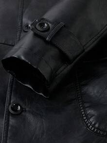 男士中长款单排扣翻领夹克，复古简约休闲PU外套 - 黑色 - 查看 5