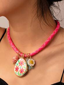 1 件时尚彩色绳和合金花朵、珊瑚、鸡蛋花吊坠项链，简约设计，适合女性 - 彩色項鍊 - 查看 3