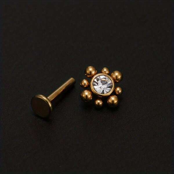 1PC Flower Lip Stud Labret Bar Clear CZ Gem Round Ball Monroe Tragus Piercing Steel Cartilage 16G EAR HELIX Earring