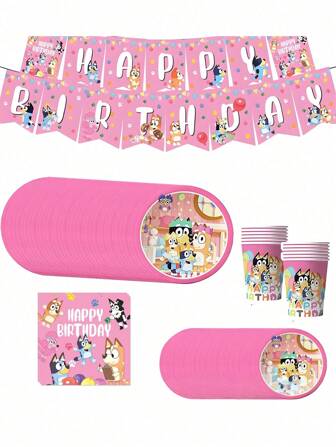 Bluey Blueys Familie en Vrienden Bingo Hond Roze Servies Bruiloft Verjaardag Feest Thema Decoratief Servies Feestbanner Papieren Bord Papieren Beker Servet Cadeau Voor Bruiloften Verjaardagen Feestdagen Perfecte Feestartikelen & Tafeldecoraties (Sommige Onderdelen Kunnen Willekeurig Zijn)