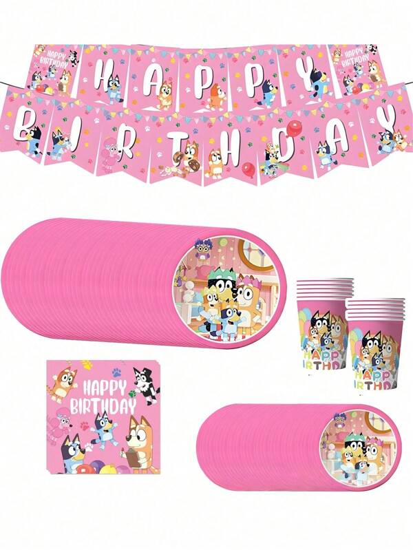 Bluey Blueys Familie und Freunde Bingo Hund rosa Geschirr Hochzeit Geburtstags Party Thema dekorative Geschirr Party Banner Pappteller Papierbecher Serviette Geschenke für Hochzeiten Geburtstage Feiertage perfekte Party-Artikel & Tischdekoration (einige Teile können zufällig sein)