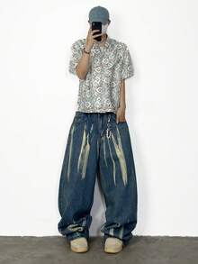 1pc Justice Brother Casual Brand Personalized Distressed Denim Wide Leg Loose Fit Jeans Pants For Men