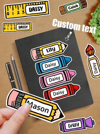 100/50/20/10/1pc Customized Cartoon Stationery Shape Stickers, Book Label Stickers, Customized Name Pencil And Crayon Shape Stickers, Teacher Stickers, Back-To-School Stickers, Pencil Stickers, Suitable For Holiday Gifts Reusable, Modern, Colorful, Cute, Vintage, Cartoon, Kawaii, Workers, Clients, Students, For Business/Work/Office, For School,Vacay Vibes,Junior High School Students, Middle School Students, High School Senior High School Students, College Students, University Students, Freshman, Sophomore