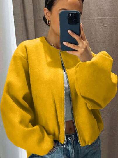 Chaqueta de béisbol para mujer, estilo bomber, estilo callejero, cuello redondo, hombros caídos, mangas farol, chaqueta con cremallera, ropa de abrigo, otoño/invierno