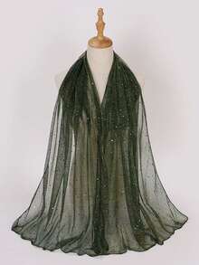 1 chiếc khăn trùm đầu mới, kiểu dáng châu Âu và Mỹ, đính sequin, viền chéo, khăn choàng lụa mùa thu, thích hợp để phối với váy. - màu xanh đậm - Xem 2