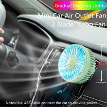 1 pieza Ventilador de salida de aire del coche con ajuste USB, ventilador turbo de 7 aspas de gran potencia con luz atmosférica de color degradado, bajo nivel de ruido y función múltiple, mini ventilador de refrigeración interior para el automóvil