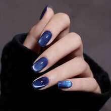 Navy Blue Cat Eye Press On Nails - Magnetic Glow Gel False Nails With Glossy Finish, Reusable Almond Shape Nails- 24PCS - Màu xanh hải quân - Xem 1