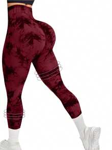 2 Pack Tie Dye High Waist Workout Leggings Sets For Women, Gym Pants, Yoga, Scrunch Butt, Butt Lifting Seamless Leggings - 勃根地紅+軍綠 - 查看 2