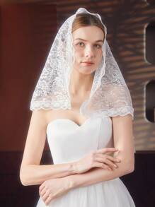 1 件女士短款单层镂空蕾丝边头巾，面纱头饰，适合婚礼、派对、摄影