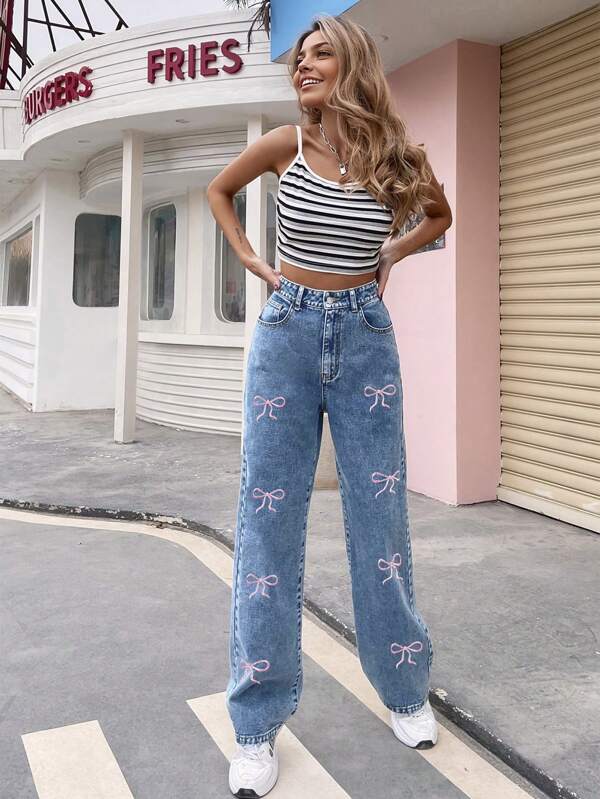 Casual Straight-Leg Embroidered Bow Decor Jeans For Teen Girl Fashion Versatile Daily School Style, Spring/Summer