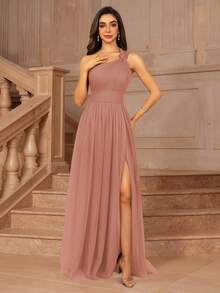 MOEVIO 女士不对称单肩交叉领口薄纱露背A字型正式长款伴娘婚礼宾客活动礼服，适合夏季情人节生日礼服、秋季女装、返校节生日女士服装 - 珊瑚粉 - 查看 6