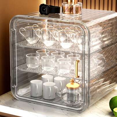 3-Tier Storage Cabinet With Magnetic Door For Cup Coffee Mug Tea Set Perfume